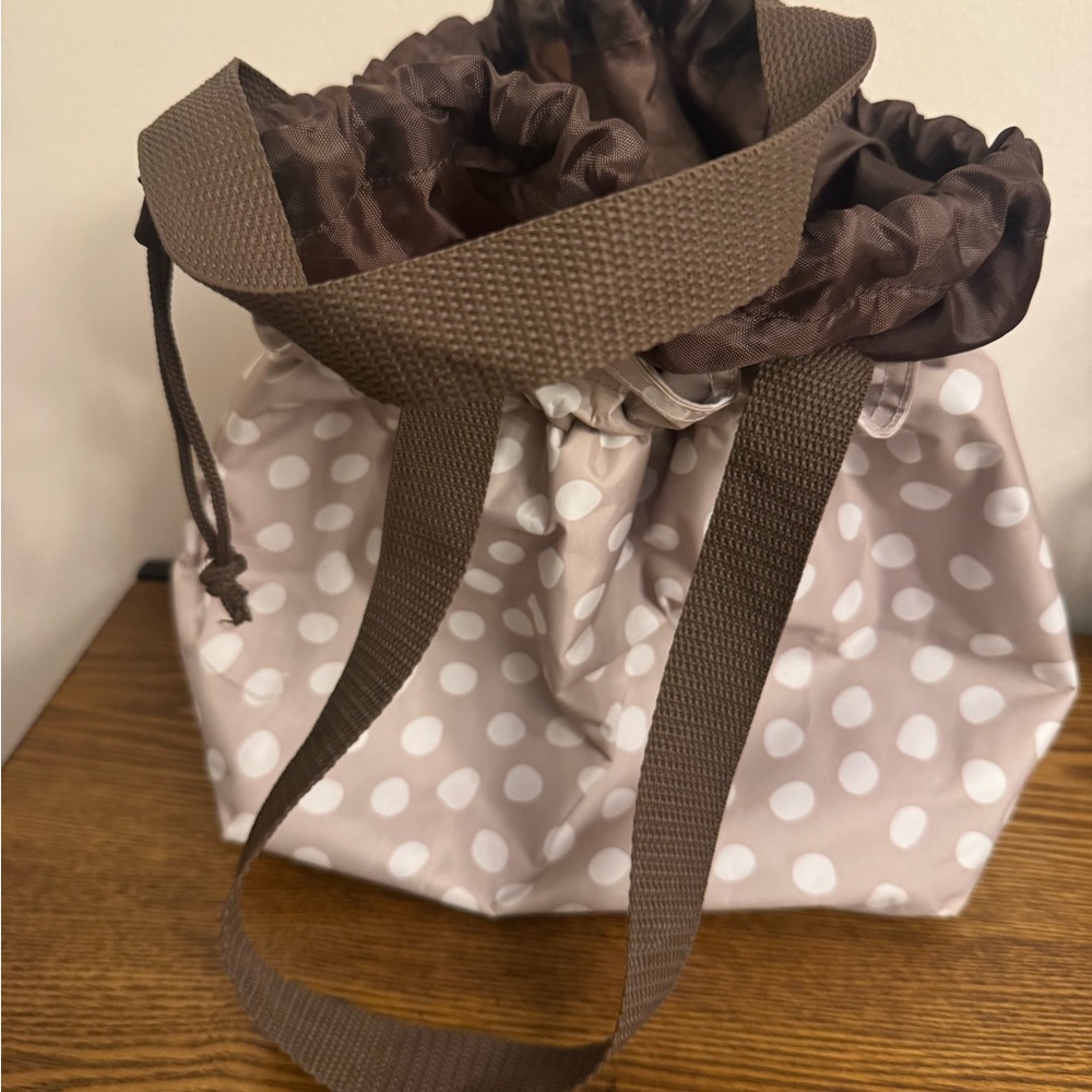 Thirty-One Cinch It Up Thermal Tote - Taupe/Brown Polka Dot EUC - Picture 4 of 6